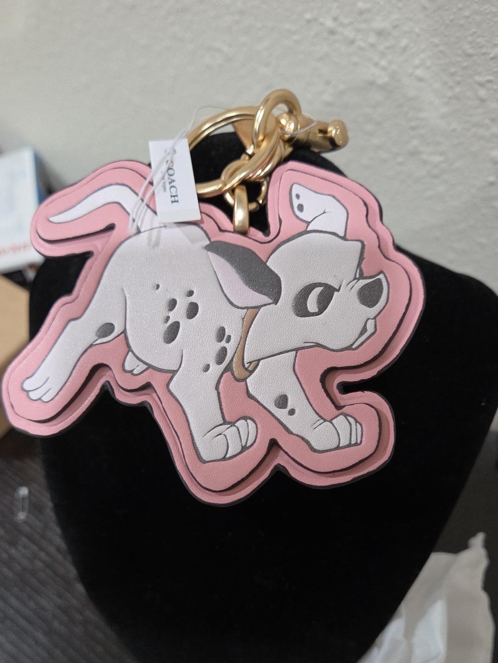 Coach Pink & White Dalmatian Leather Charm Keychain with Gold Hardware